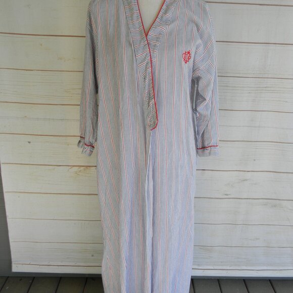 VINTAGE CHRISTIAN DIOR 100% COTTON PINSTRIPE MADE IN USA LONG ROBE SZ M BLUE/WHI - Picture 1 of 9